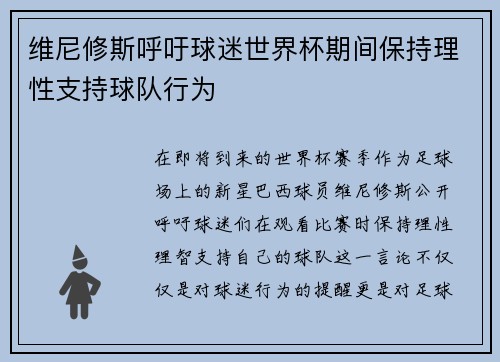 维尼修斯呼吁球迷世界杯期间保持理性支持球队行为